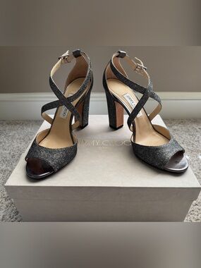 Jimmy Choo Black Glitter Crisscross Strap Heels